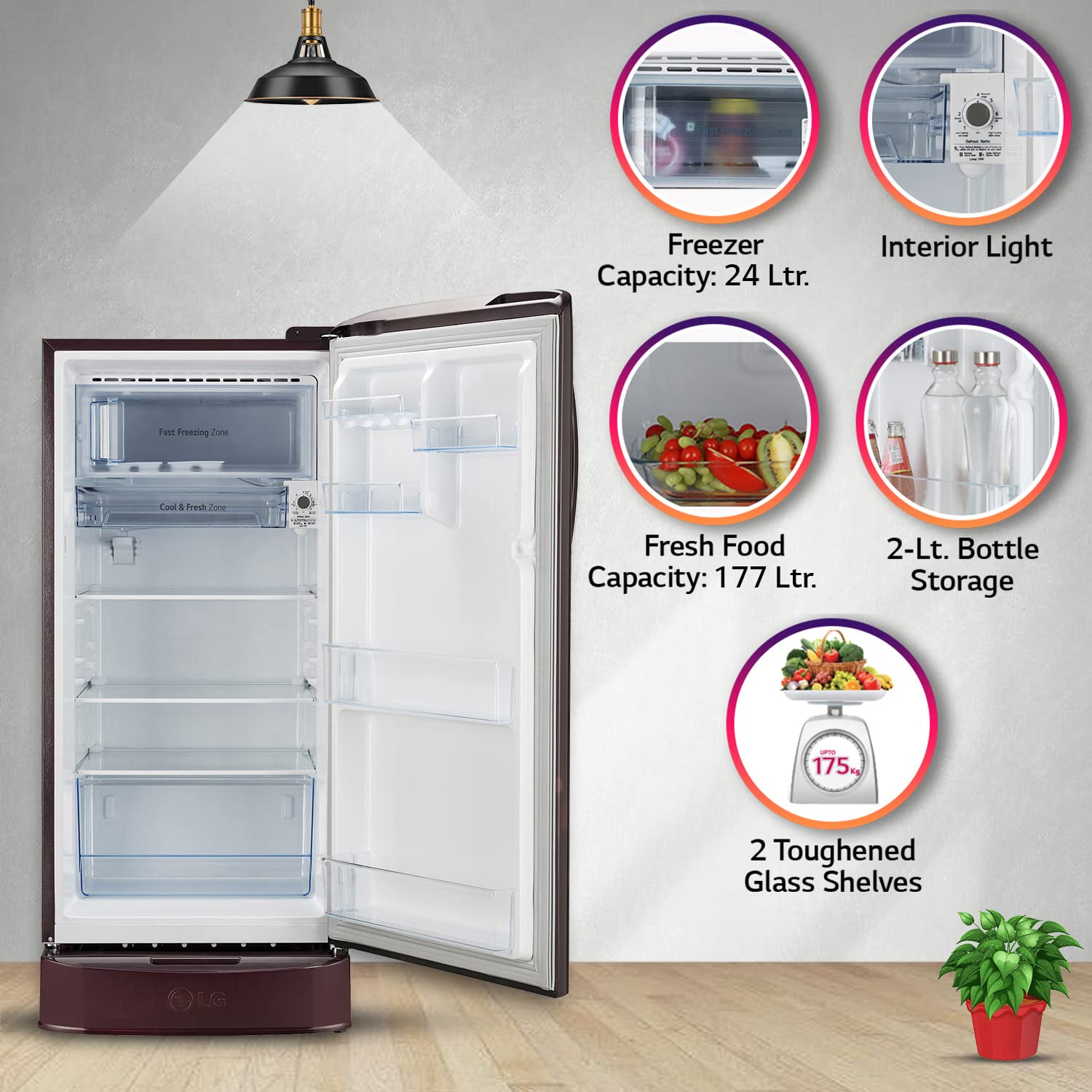 LG 201 L 5 Star Inverter Direct-Cool Single Door Refrigerator (GL-D211HSEZ, Scarlet Euphoria, Base stand with drawer, Gross Volume- 204 L)