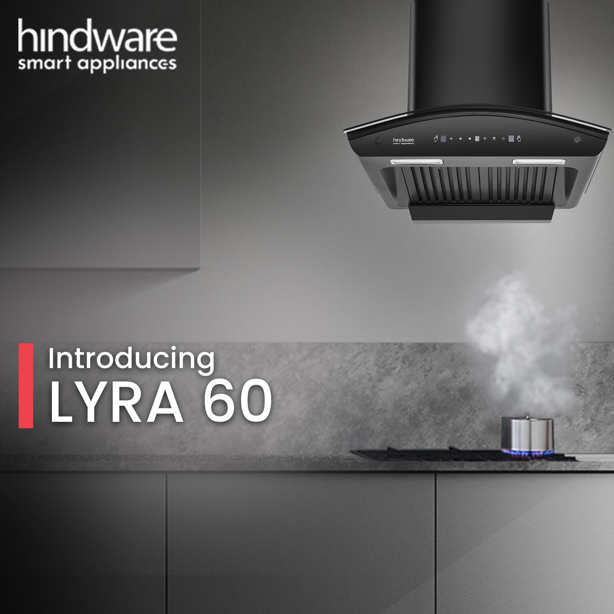 Hindware Smart Appliances Lyra 60 Auto Clean Kitchen Chimney with Max Suction 1300 m3/hr | Energy Efficient LED Lamps | Thermal Auto Clean Technology | Motion Sensor | Kitchen Chimney