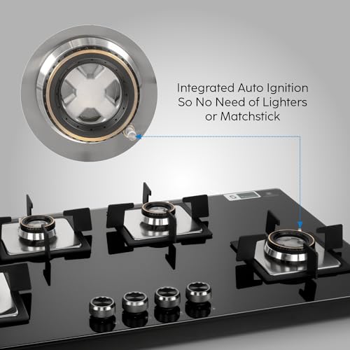 Glen 4 Burner Built In Glass Hob | Auto Ignition | 8 MM Toughened Glass | Black |Forged brass burners with double-ring flames | Warranty 2 Years Standard & 5 Years Glass |1094 XL SQ HT DB TR
