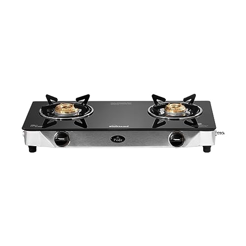 Sunflame Pride 2 Burner Gas Stove | 1 Medium and 1 Small Brass Burners | 2-Year Product Coverage by Sunflame | Ergonomic Knobs | Easy to Maintain l Toughened Glass Top | PAN India Presence