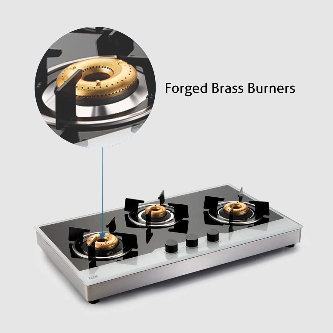 Glen 1073 FB BW AI FFD 3 Forged Brass Burner Glass Gas Hob Free Standing (Flame Failure Device)