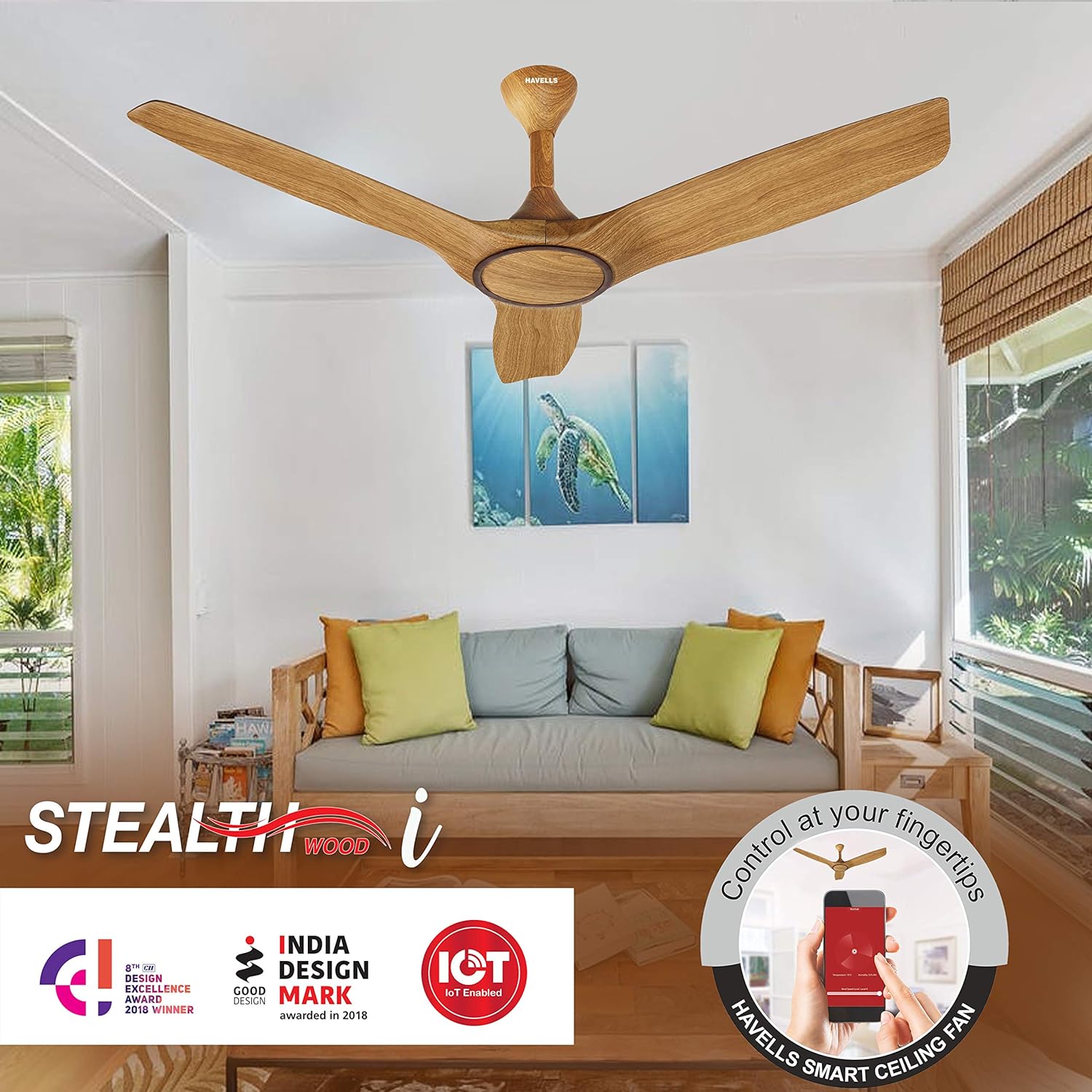 Havells 1200mm Stealth Wood Energy Saving Ceiling Fan (Pinewood Cola Chrome, Pack of 1)