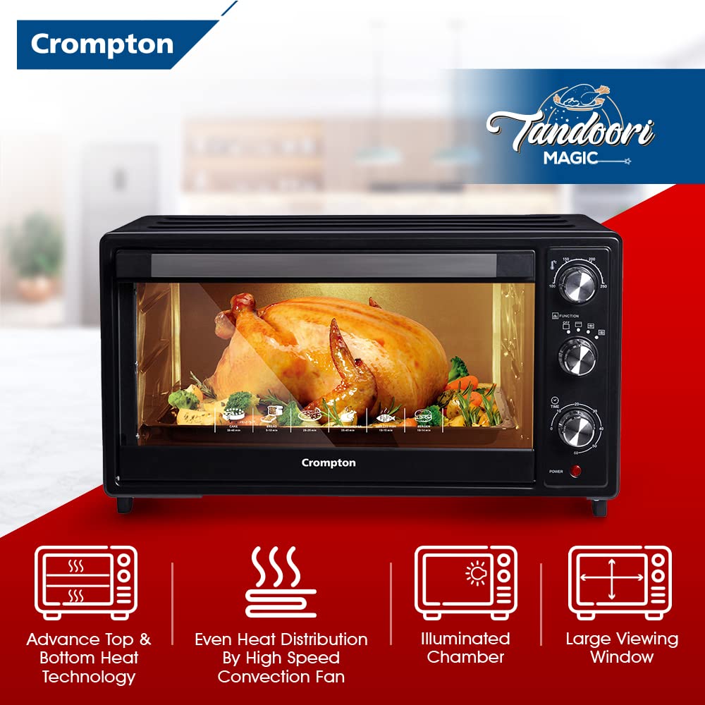 Crompton Tandoori Magic 45 Ltr Oven Toaster Grill (OTG) with Motorissed Rotisserie & Convection, with Even Heat Distribution | Free Mitten and Pizza stone