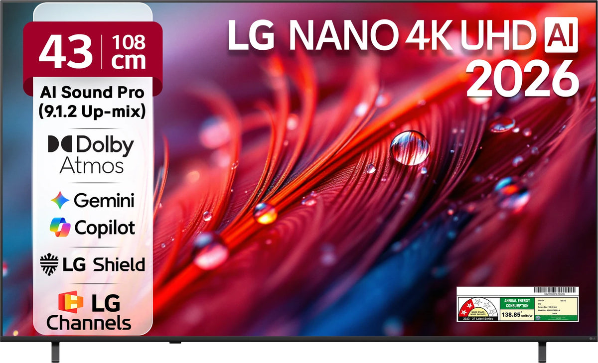 LG 43NU875 43 inch Nano 4K UHD AI TV front view with red feather display and feature badges