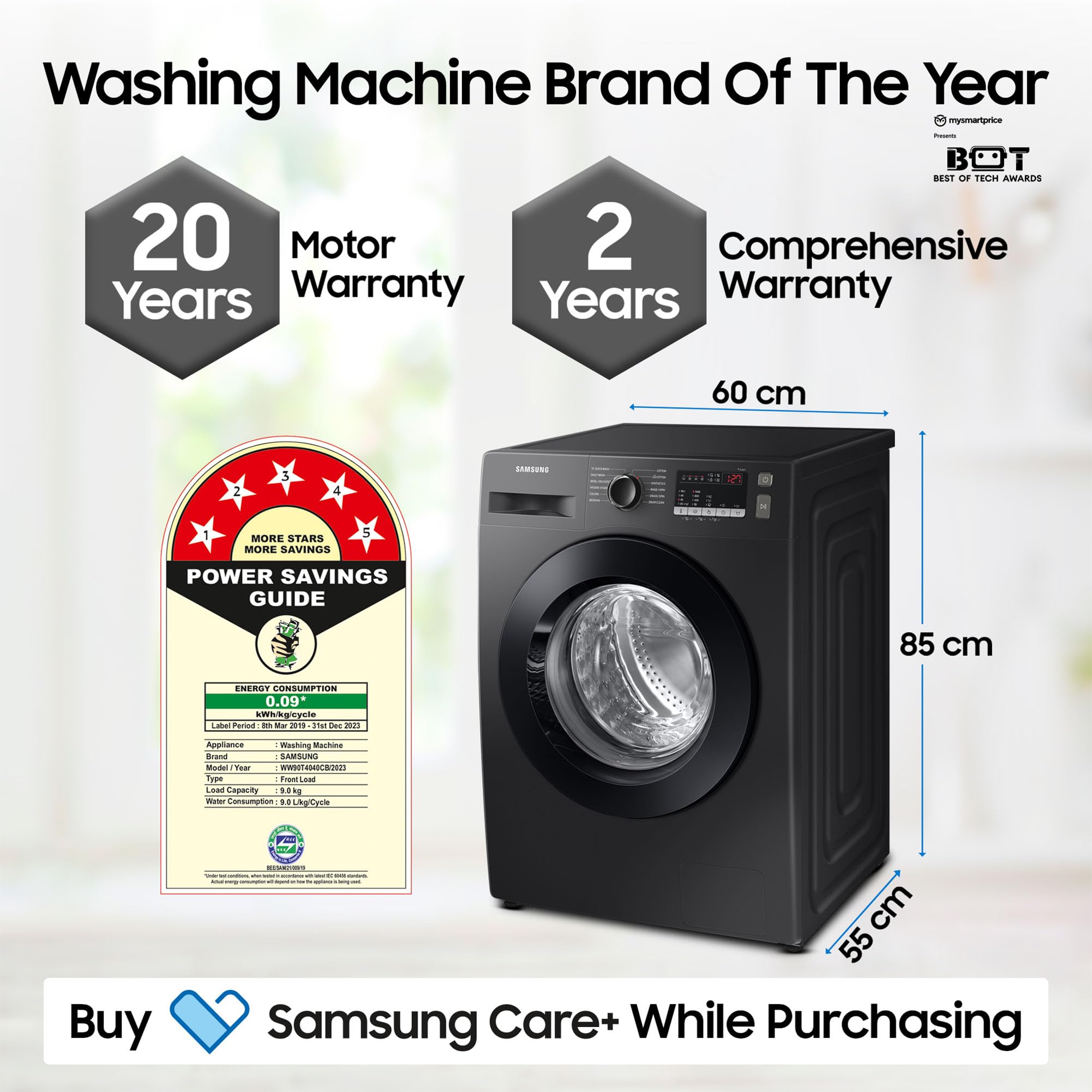 Samsung 9 kg, 5 Star, Hygiene Steam with Inbuilt Heater, Digital Inverter, Fully-Automatic Front Load Washing Machine (WW90T4040CB1TL, Black)