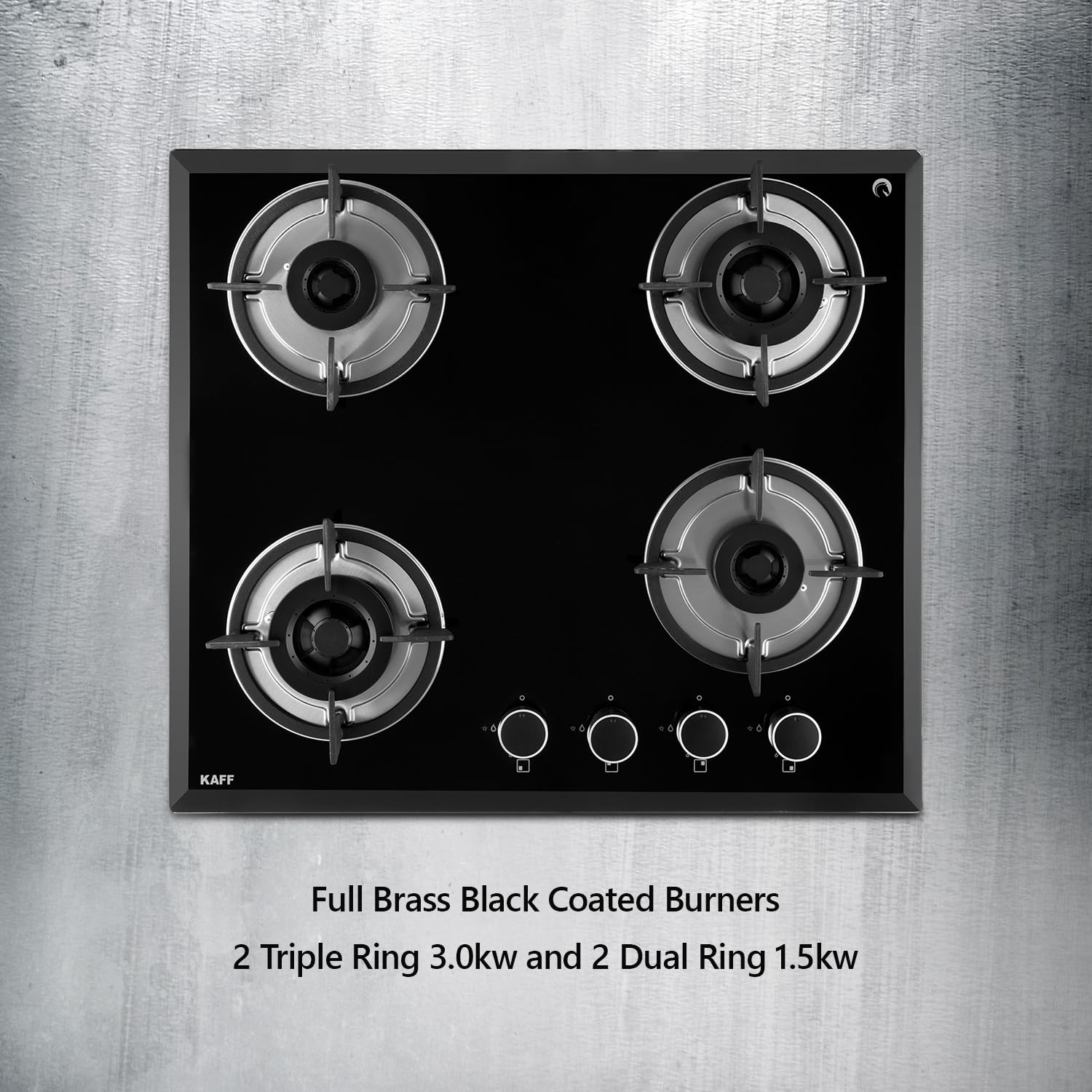 KAFF FBB 604 Built-in Hob/Hobtop 4 Burners, Auto Electric Ignition Glass Top, 60 CM, Full Brass Burner, 8 MM Thick Toughened Glass Bevelled Black Tempered Glass (Black)