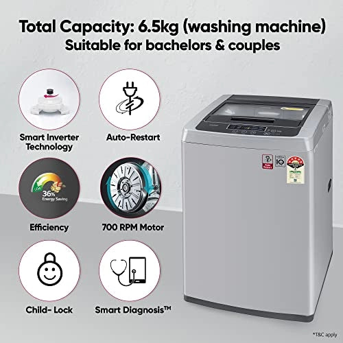 LG 6.5 Kg 5 Star Smart Inverter Fully-Automatic Top Loading Washing Machine (T65SKSF4Z, Middle Free Silver)