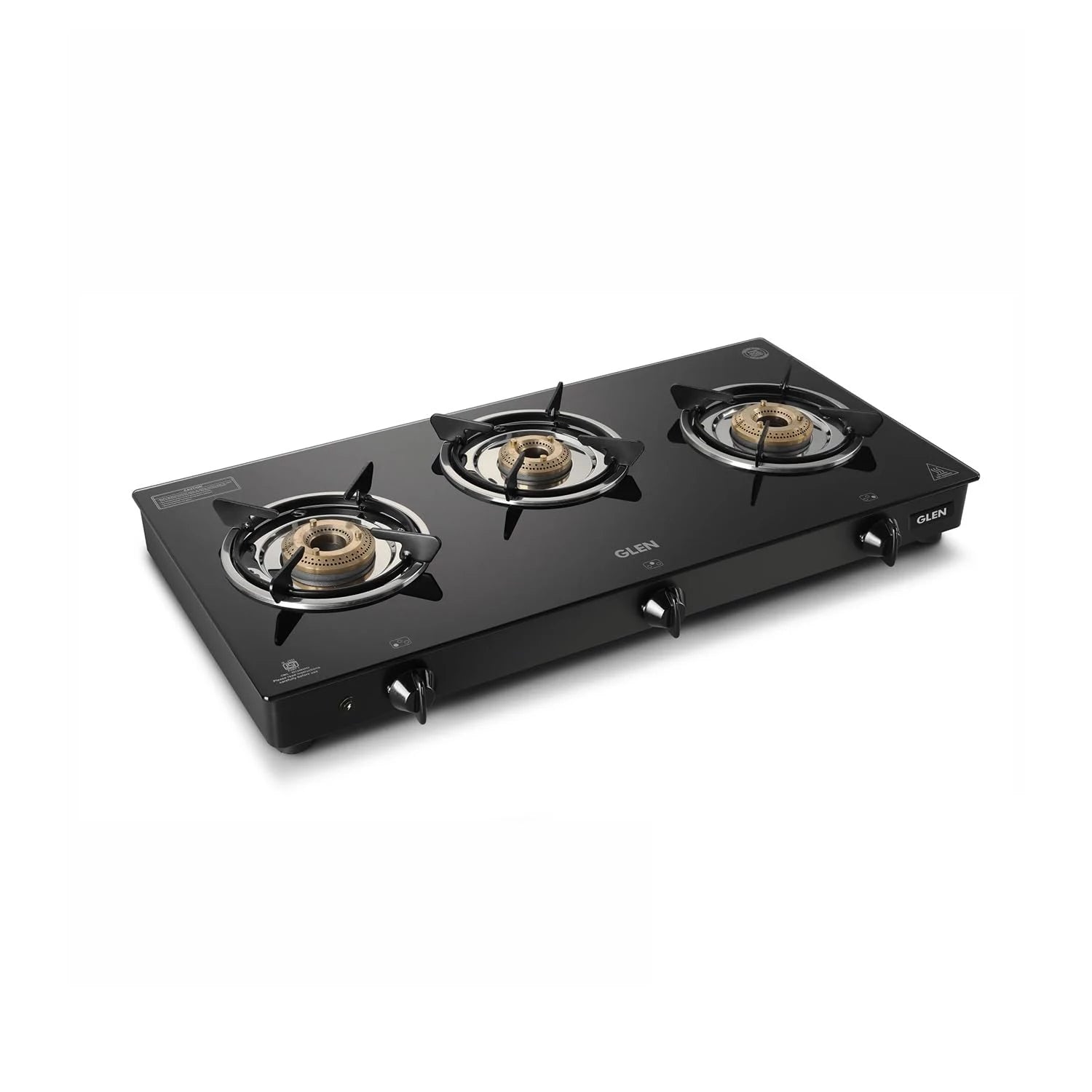 Glen 3 Burner Toughened Glass Top LPG Gas Stoves Auto Ignition | Brass Burners | Black | ISI Certified | Stainless Steel Drip Trays | Anti-Skid Feet Ergonomic Knobs | 2 Year Warranty (1030GTBBBLAI)