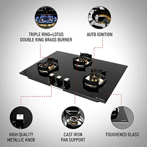 Faber Hob/Hobtop 3 Brass Burner Electric Auto Ignition, Glass Top (Nexus IND HT783 CRS BR CI AI) - Black