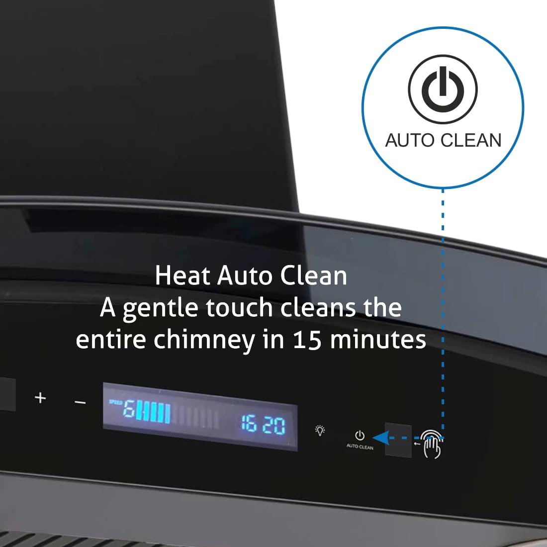 Glen 6061ACBL control panel close-up with heat auto clean button and speed display