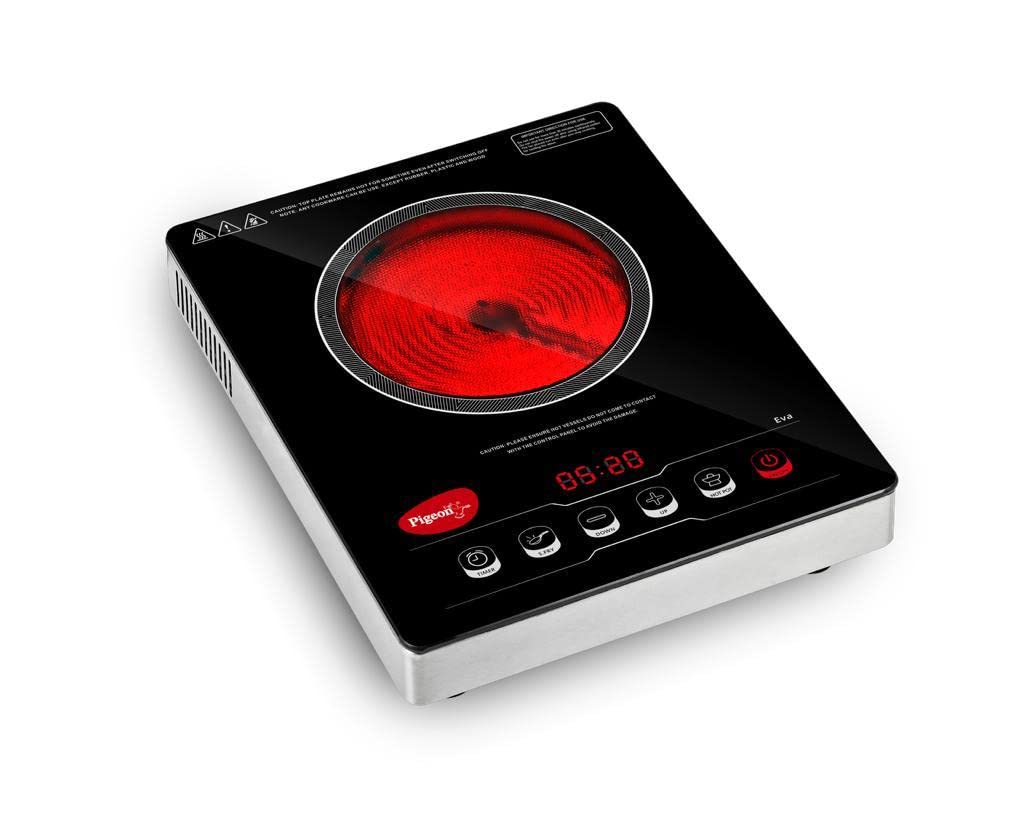 Pigeon Eva black infrared cooktop with glowing red burner and Timer, S.Fry, Up, Down, Hot Pot and On/Off touch keys