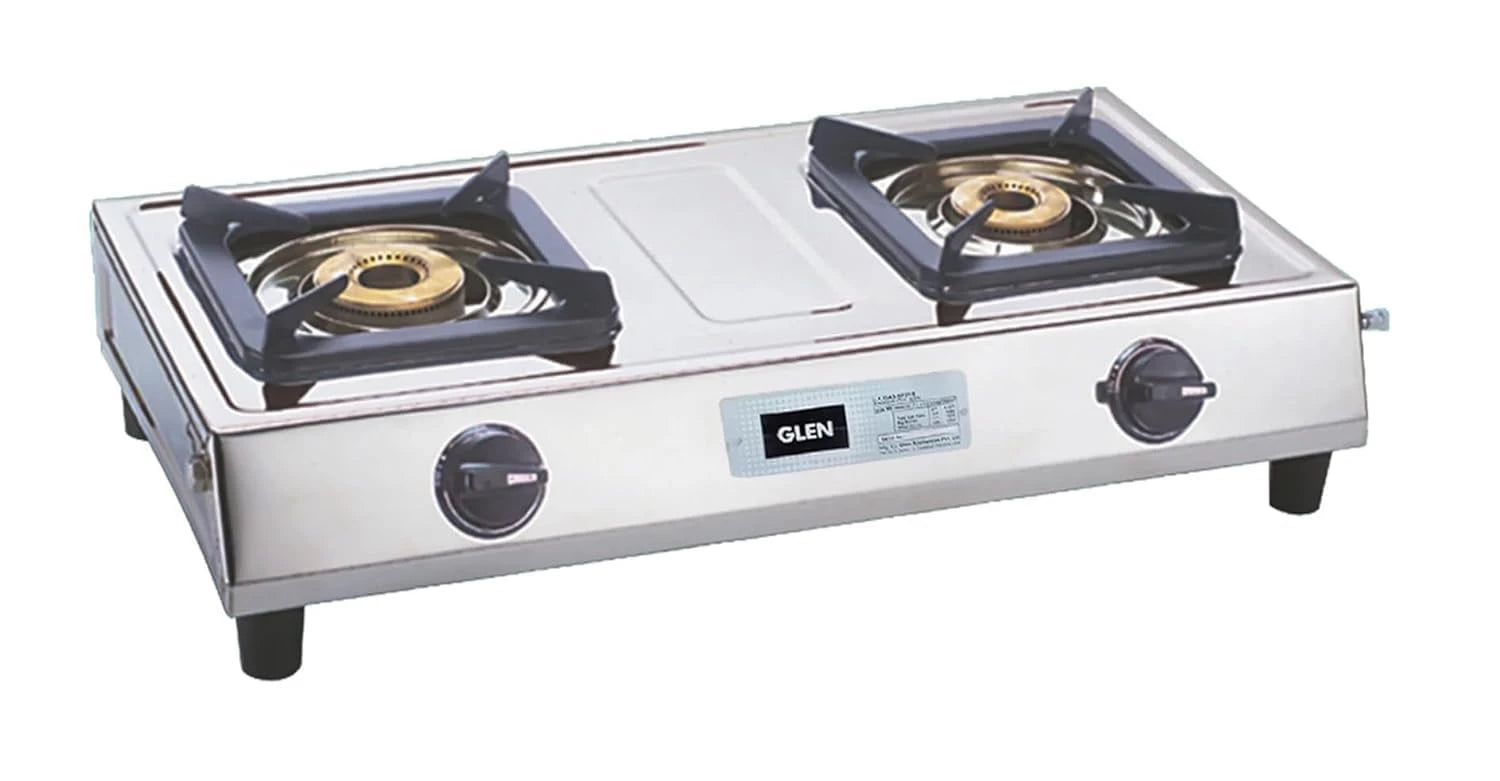 Glen Stainless Steel 2 Burner LPG Gas Stove | Brass Burner | ISI Certified | Brass Burner | 2-Year Brand Warranty