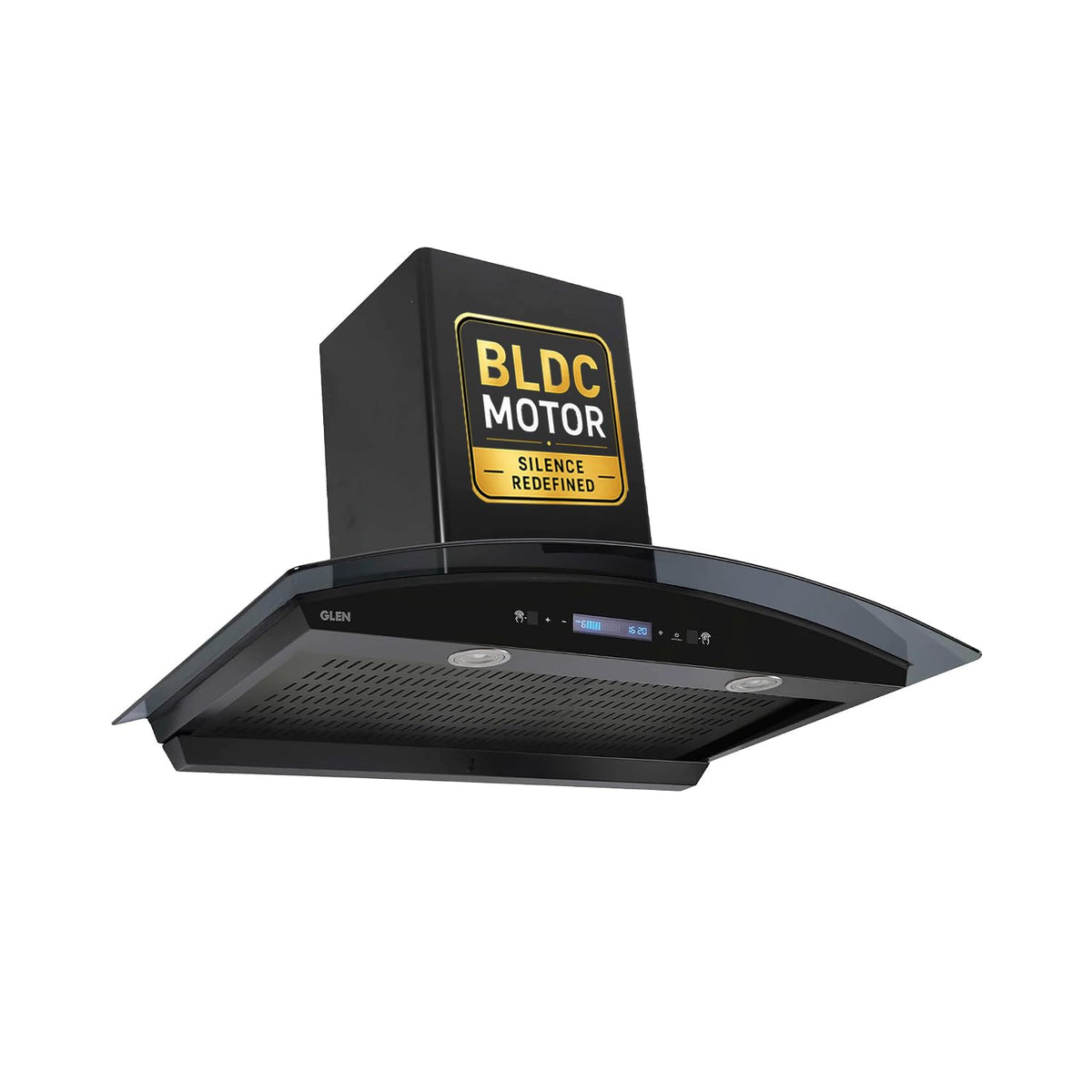 Glen 6061ACBL chimney with BLDC Motor Silence Redefined badge on the chimney column