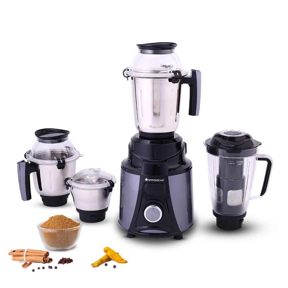 Wonderchef Galaxy 63154820 750 W mixer grinder in black and grey with four jars and spices on a white background