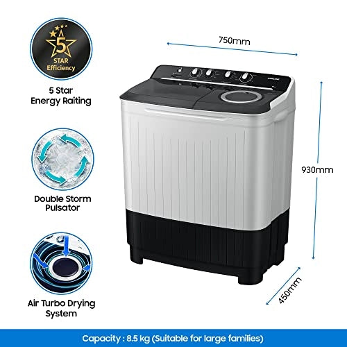 Samsung 8.5 kg 5 Star Semi-Automatic Top Loading Washing Machine (WT85B4200GG/TL, Light Grey, Air turbo drying)