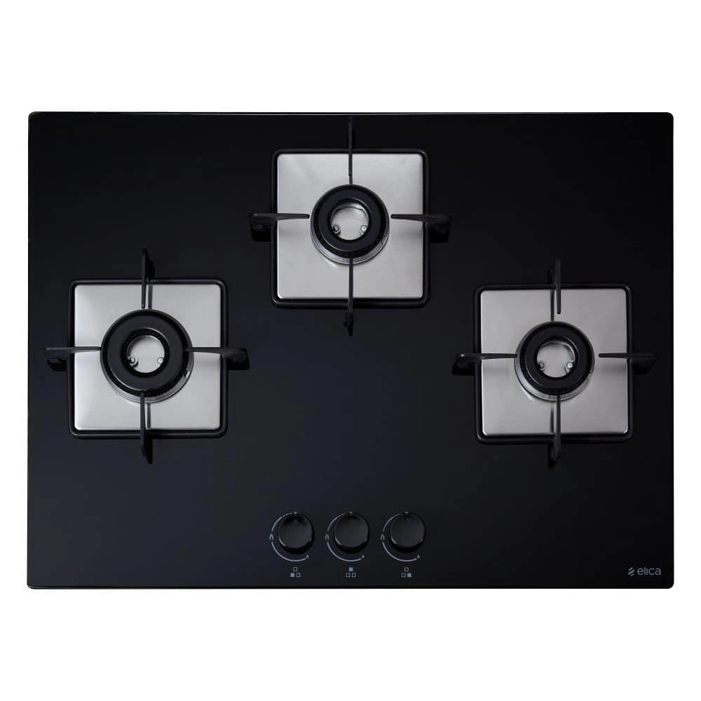 Elica Hob 3 Italian Burner Auto Ignition Glass Top Lotus Burner Gas Stove (Flexi HCT 375 Lotus BK)