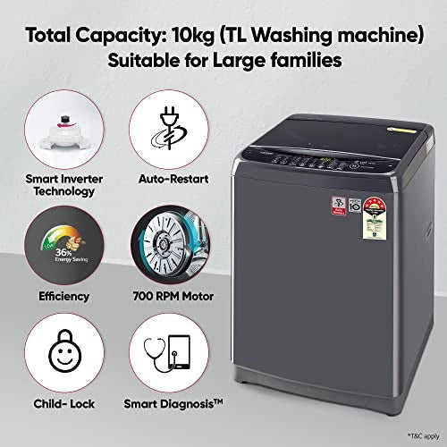 LG 10Kg 5 Star Smart Inverter Fully-Automatic Top Load Washing Machine (T10SJMB1Z, Middle Black, TurboDrum | Jet Spray+)