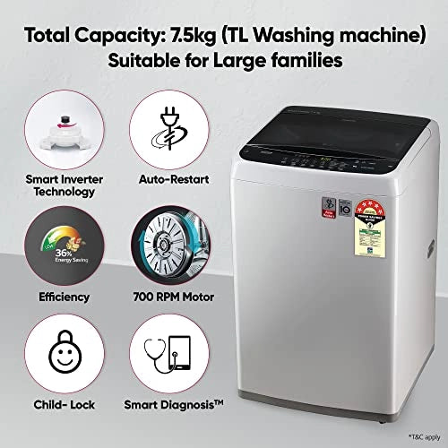 எல்ஜி 7.5 கிலோ 5 ஸ்டார் ஸ்மார்ட் இன்வெர்ட்டர் முழு தானியங்கி டாப் லோட் வாஷிங் மெஷின் (T75SPSF1Z, மிடில் ஃப்ரீ சில்வர், ஸ்மார்ட் க்ளோஸ் டோர்)