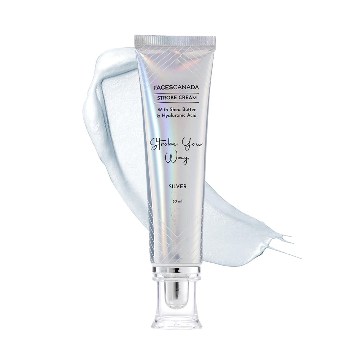 FACES CANADA Strobe Cream Silver 30 ml holographic tube with a swatch of the cream behind it