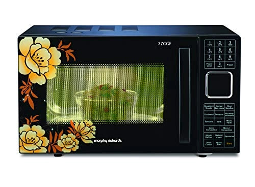 Morphy Richards 27CGF microwave oven front view with a bowl of food visible through the door mesh