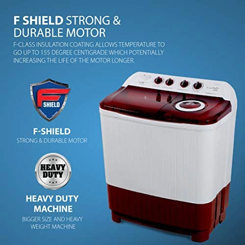Lloyd 7.5 Kg Semi Automatic Top Load Washing Machine (LWMS75RA1, Red, Active Soak)