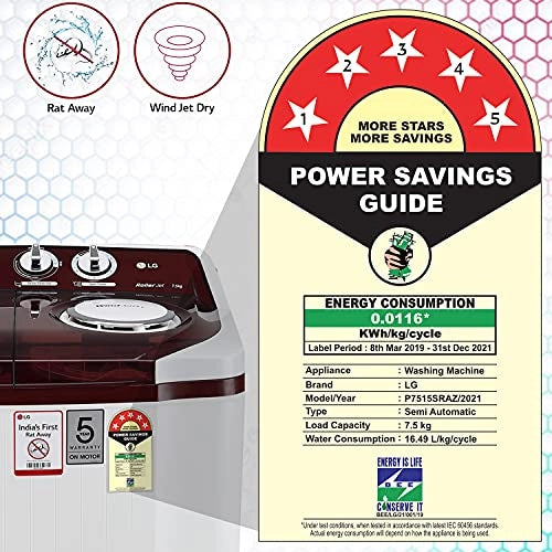 எல்ஜி 7.5 கிலோ 5 ஸ்டார் செமி-ஆட்டோமேட்டிக் டாப் லோடிங் வாஷிங் மெஷின் (P7515SRAZ, பர்கண்டி, ரோலர் ஜெட் பல்சேட்டர்), பெரியது