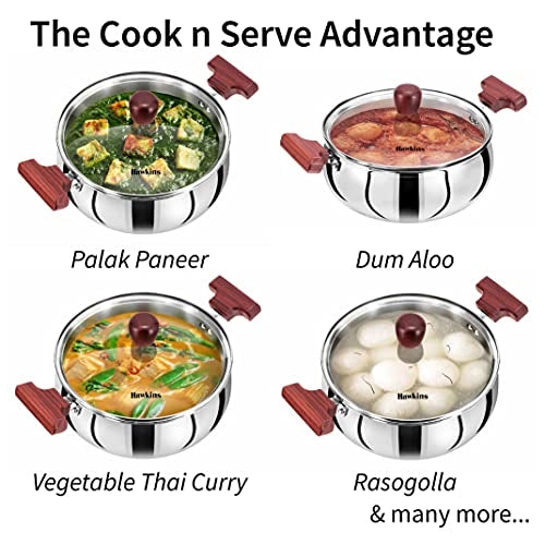 Hawkins 5 Litre Cook n Serve Handi with Glass Lid, Induction Compatible Tri-Ply Stainless Steel Cookware, Cooking Pot, Saucepan, Silver (SSH50G)