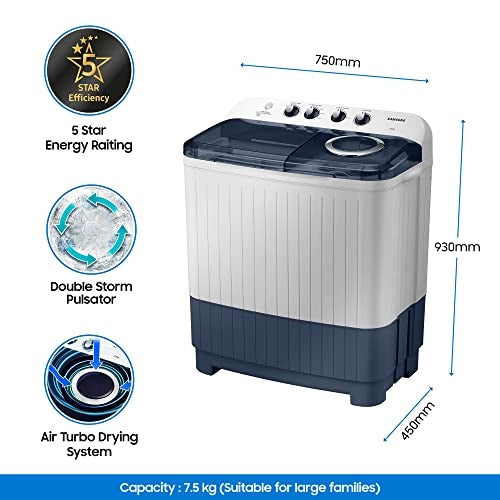 Samsung 7.5 kg Semi-Automatic Top Loading Washing Machine (WT75M3200LL/TL, Light Grey, Air turbo drying)
