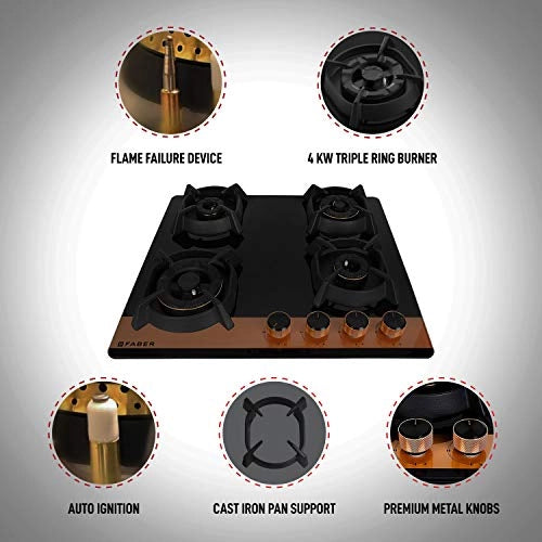 Faber Hobtop Utopia HT604 CRS BR CI AI 4 Brass Burner Auto Electric Ignition Glass Top (Black)