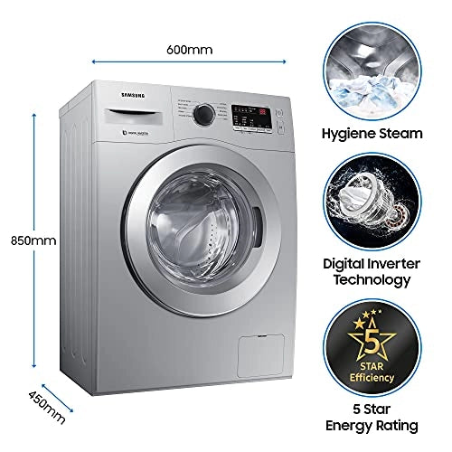 Samsung 6.0 Kg Inverter 5 star Fully-Automatic Front Loading Washing Machine (WW60R20GLSS/TL, Silver, Hygiene steam)