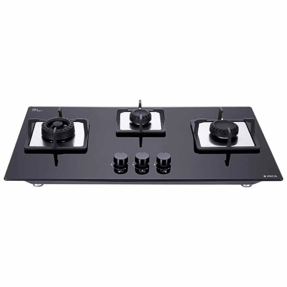 Elica Hob 3 Burner Auto Ignition Glass Top - 1 Large, 1 Medium &amp; 1 Small Brass Burners (Flexi Swirl 3B 75 MT)