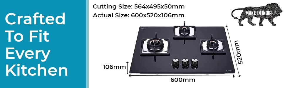 Elica Hob 3 Burner Auto Ignition Glass Top - Brass Gas Stove (Flexi AB HCT 360)