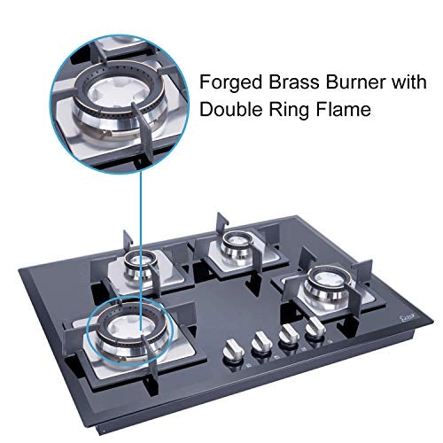 Glen 4 Burner Built in Glass Gas Hob Top with Double Ring Forged Brass Burners, Auto Ignition, Black (BH4B70SQHTDB)