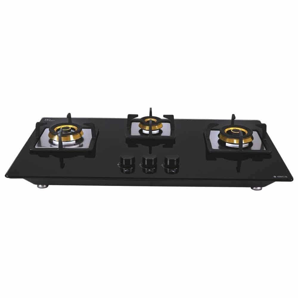 Elica Hob 3 Burner Auto Ignition Glass Top - 1 Small and 2 Medium Brass Gas Stove (Flexi FB HCT 375 DX)