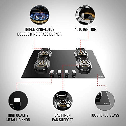 Faber Hob/Hobtop 4 Brass Burner Auto Electric Ignition,Glass Top (Nexus IND HT784 CRS BR CI AI) Black