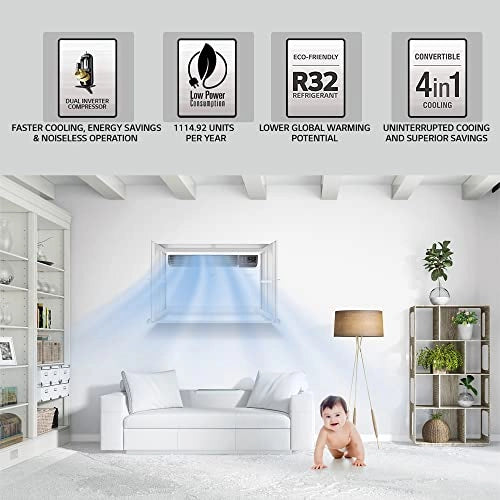 LG 1.5 டன் 4 ஸ்டார் டூயல் இன்வெர்ட்டர் விண்டோ ஏசி (காப்பர், கன்வெர்ட்டிபிள் 4-இன்-1 கூலிங், PW-Q18WUXA, 2022 மாடல், HD ஃபில்டர், வெள்ளை)