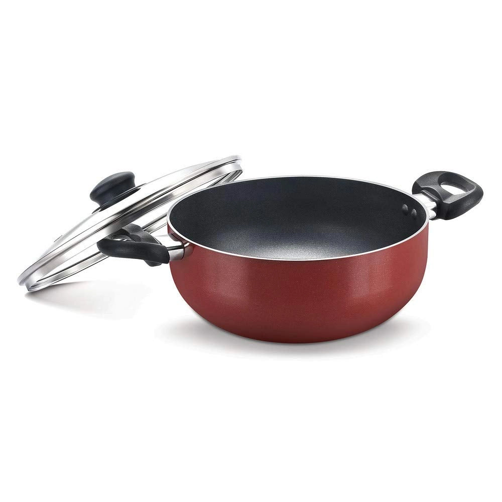 Prestige OMG DLX Induction Base Non-Stick Aluminium Deep Kadai, 300mm, Red