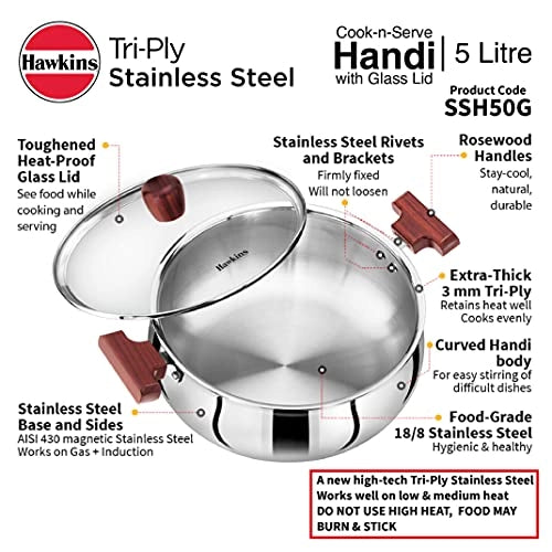 Hawkins 5 Litre Cook n Serve Handi with Glass Lid, Induction Compatible Tri-Ply Stainless Steel Cookware, Cooking Pot, Saucepan, Silver (SSH50G)