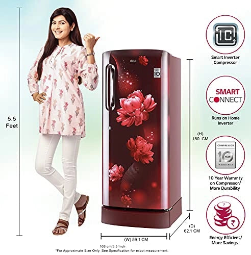 LG 235 L 4 ஸ்டார் இன்வெர்ட்டர் டைரக்ட்-கூல் சிங்கிள் டோர் ரெஃப்ரிஜிரேட்டர் (GL-D241ASCY, ஸ்கார்லெட் சார்ம், டிராயருடன் கூடிய பேஸ் ஸ்டாண்ட்)