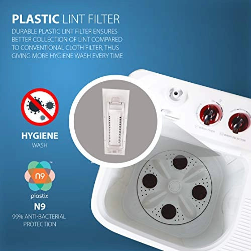 Lloyd 7.5 Kg Semi Automatic Top Load Washing Machine (LWMS75RA1, Red, Active Soak)
