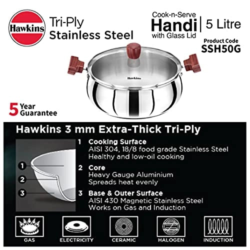 Hawkins 5 Litre Cook n Serve Handi with Glass Lid, Induction Compatible Tri-Ply Stainless Steel Cookware, Cooking Pot, Saucepan, Silver (SSH50G)