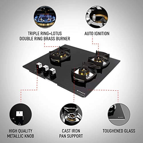 Faber Hob/Hobtop 3 Brass Burner Auto Electric Ignition,Glass Top (Nexus IND HT603 CRS BR CI AI) Black