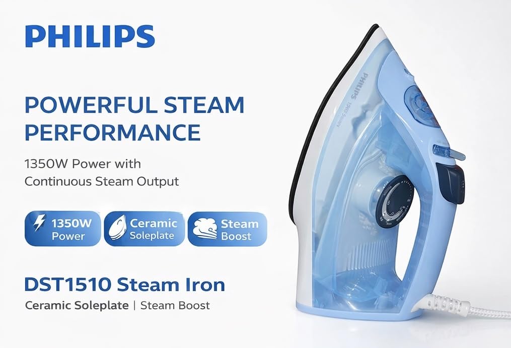 Philips DST1510/20 steam iron promotional image showing 1350 W power, ceramic soleplate and steam boost