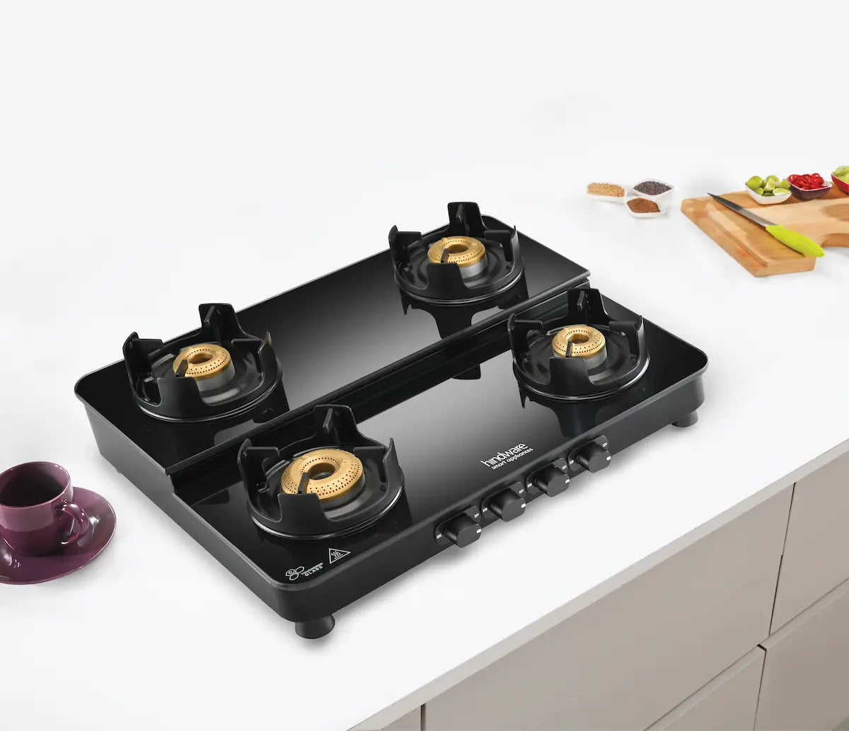 Hindware Imelda 90GRY BLDC Chimney + Alverio DPLX 4B Manual Gas Cooktop Combo