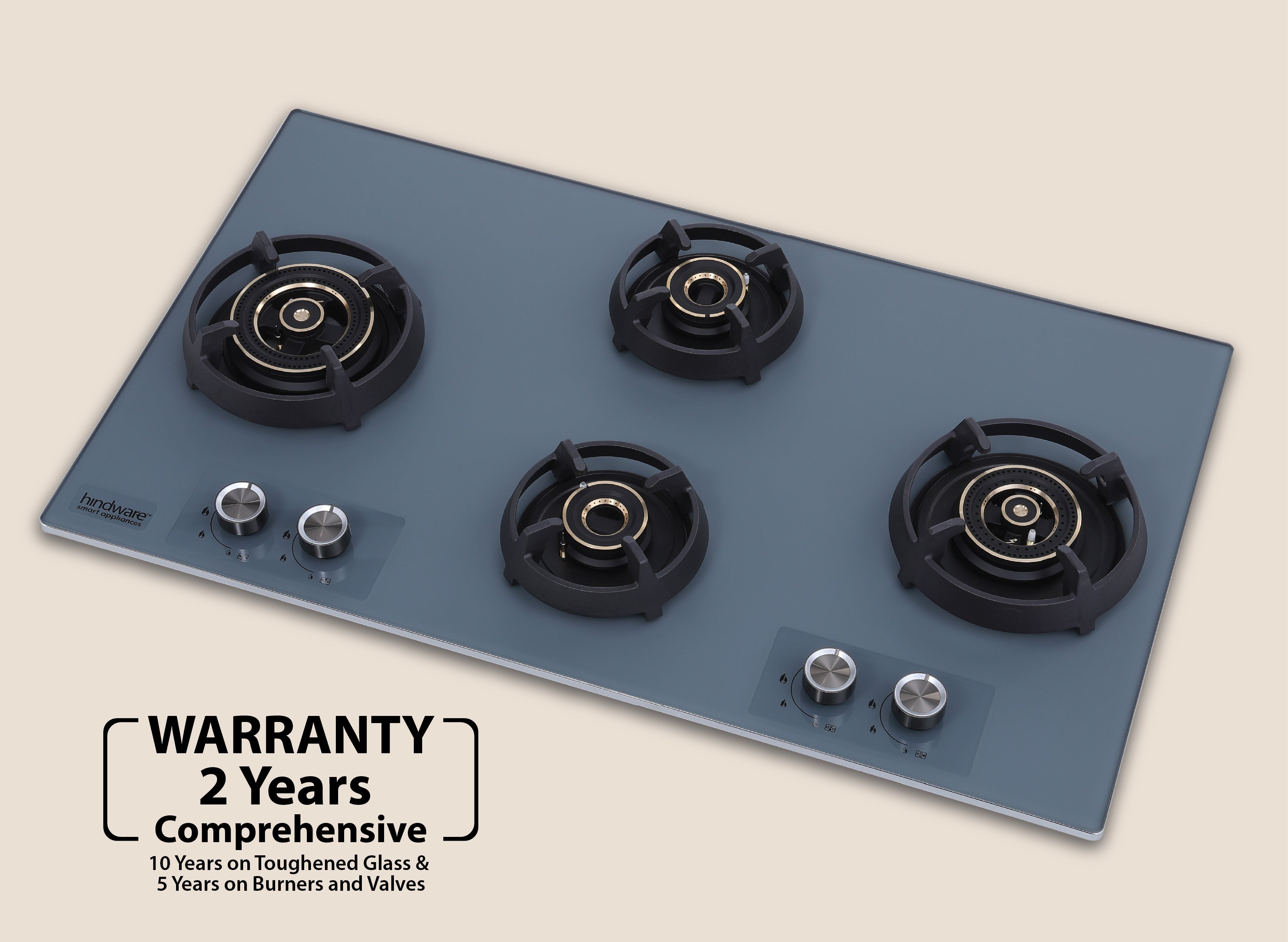 Hindware Graphite 4B 90 Cm Hob with Elegant Grey Metallic Knobs | Flame Gaurd Pan Supports Glass, Stainless Steel Automatic Hob