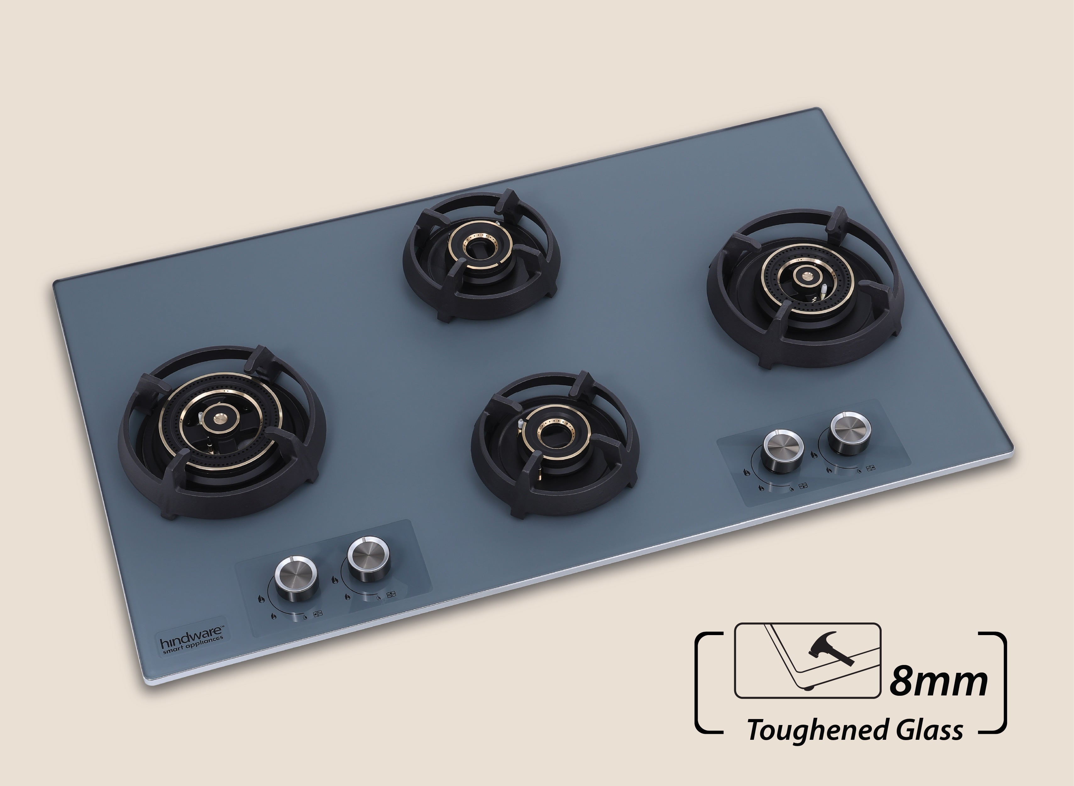 Hindware Graphite 4B 90 Cm Hob with Elegant Grey Metallic Knobs | Flame Gaurd Pan Supports Glass, Stainless Steel Automatic Hob