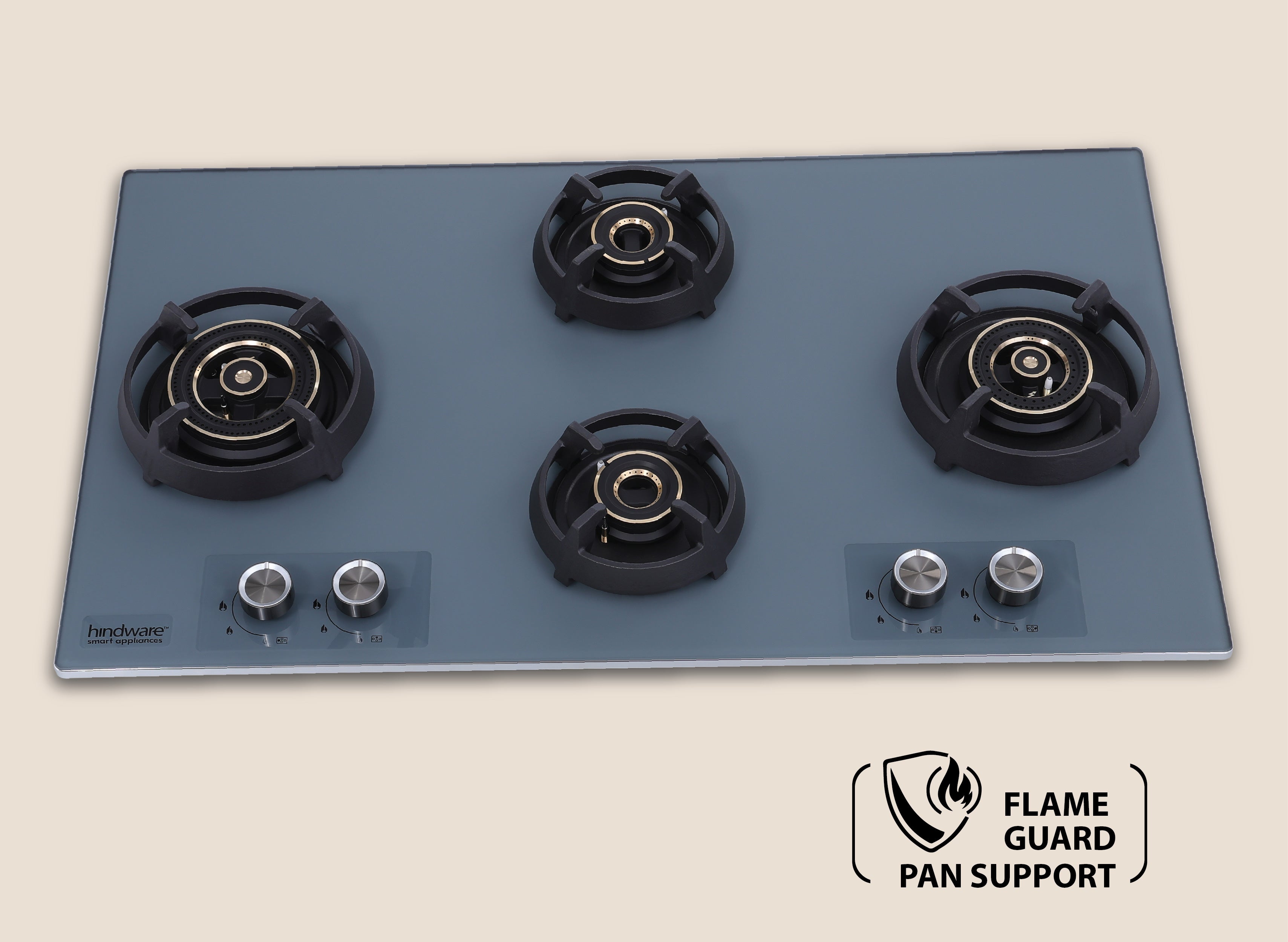Hindware Graphite 4B 90 Cm Hob with Elegant Grey Metallic Knobs | Flame Gaurd Pan Supports Glass, Stainless Steel Automatic Hob