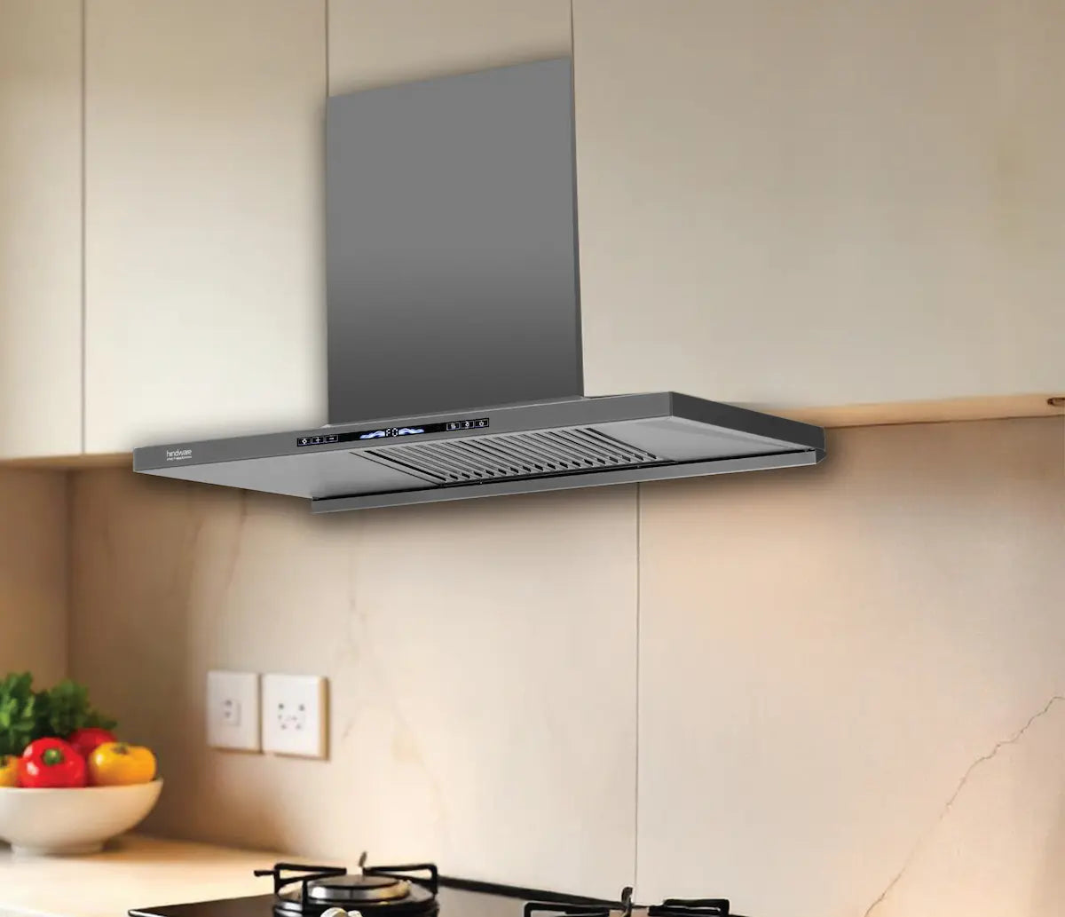 Hindware Imelda 90GRY BLDC Chimney + Alverio DPLX 4B Manual Gas Cooktop Combo
