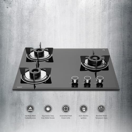 KAFF FBB 603 Built-in Hob/Hobtop 3 Burners, Auto Electric Ignition Glass Top, 60 CM, Full Brass Burner, 8 MM Thick Toughened Glass Bevelled Black Tempered Glass (Black)