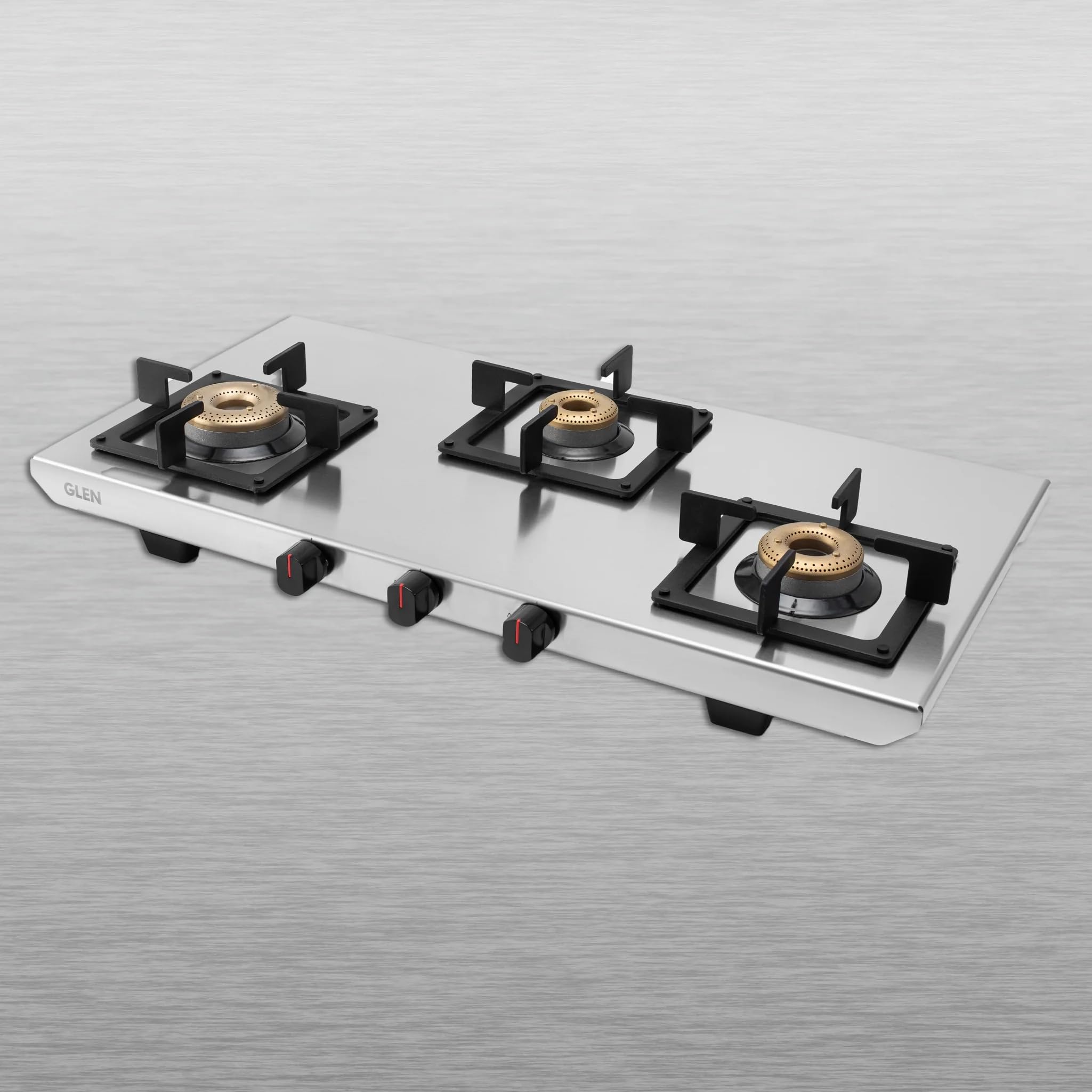 Glen 3 Burner Ultra Tuff Stainless Steel Gas Stove | Silver | Forged Brass Burner With 5 Year Warranty | ISI Certified | Revolving Inlet Nozzle | 2 Year Warranty On Product | 1053 UT SS (3 Bu
